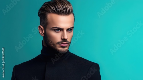 A sleek, modern men's hairstyle on a vibrant blue background, styled neatly with a clean fade, emphasizing professional grooming.