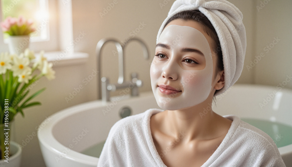 Young woman relaxing in modern bathroom with face mask on, enjoying peaceful spring self-care moment Young woman relaxing in modern bathroom with face mask on, enjoying peaceful spring self-care moment
