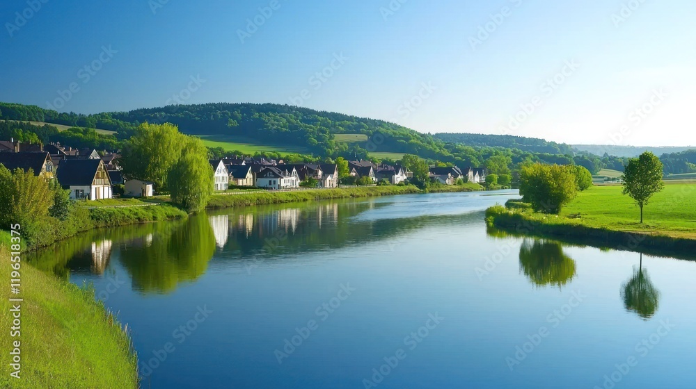 Serene River Village Landscape Serene River Village Landscape