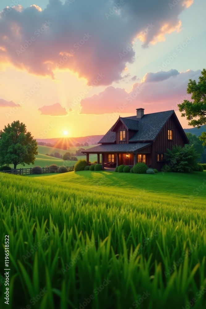 Sleek farmhouse, dusk light, vibrant green grass , countryside, bright, stylish