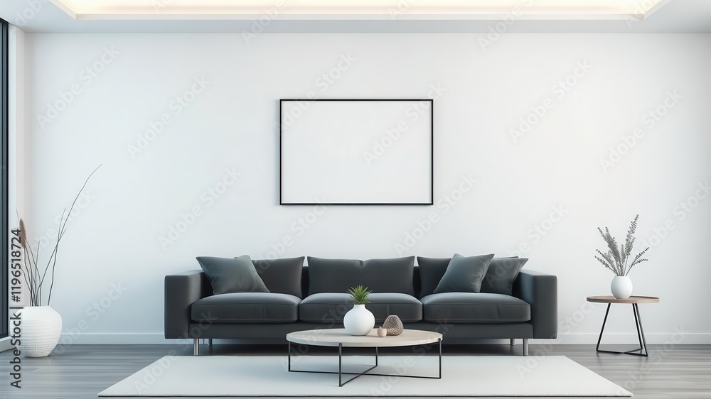 Obraz premium A modern living room wall art mockup featuring a sleek, minimalist design in a neutral color palette, creating a calming aesthetic, wall art, color palette, mockup