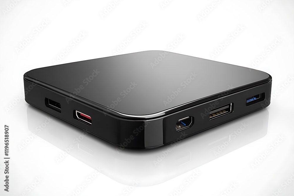 Sleek Black Media Streaming Device with Multiple Ports on White Background Sleek Black Media Streaming Device with Multiple Ports on White Background
