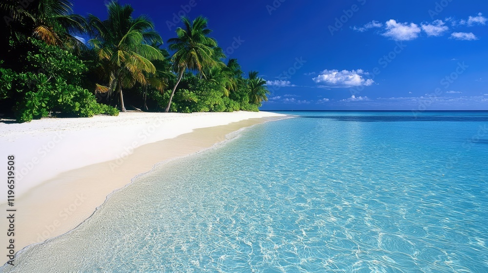 Fototapeta premium A tropical beach with crystal-clear turquoise waters, lined with lush green palm trees on the coast.