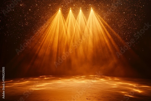Three golden spotlights illuminate a dark stage with shimmering particles.