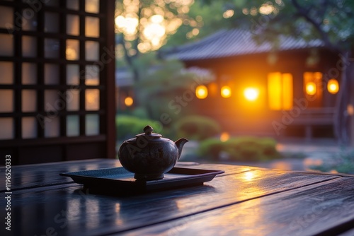 Teapot on wooden tray at sunset in serene garden.