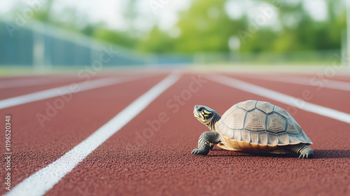 Turtle on Running Track: A determined turtle slowly makes its way down the red running track, symbolizing perseverance and steady progress.