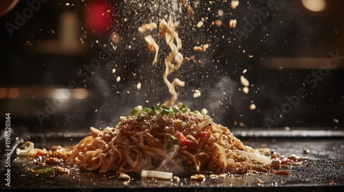 Cooking yakisoba on black plate