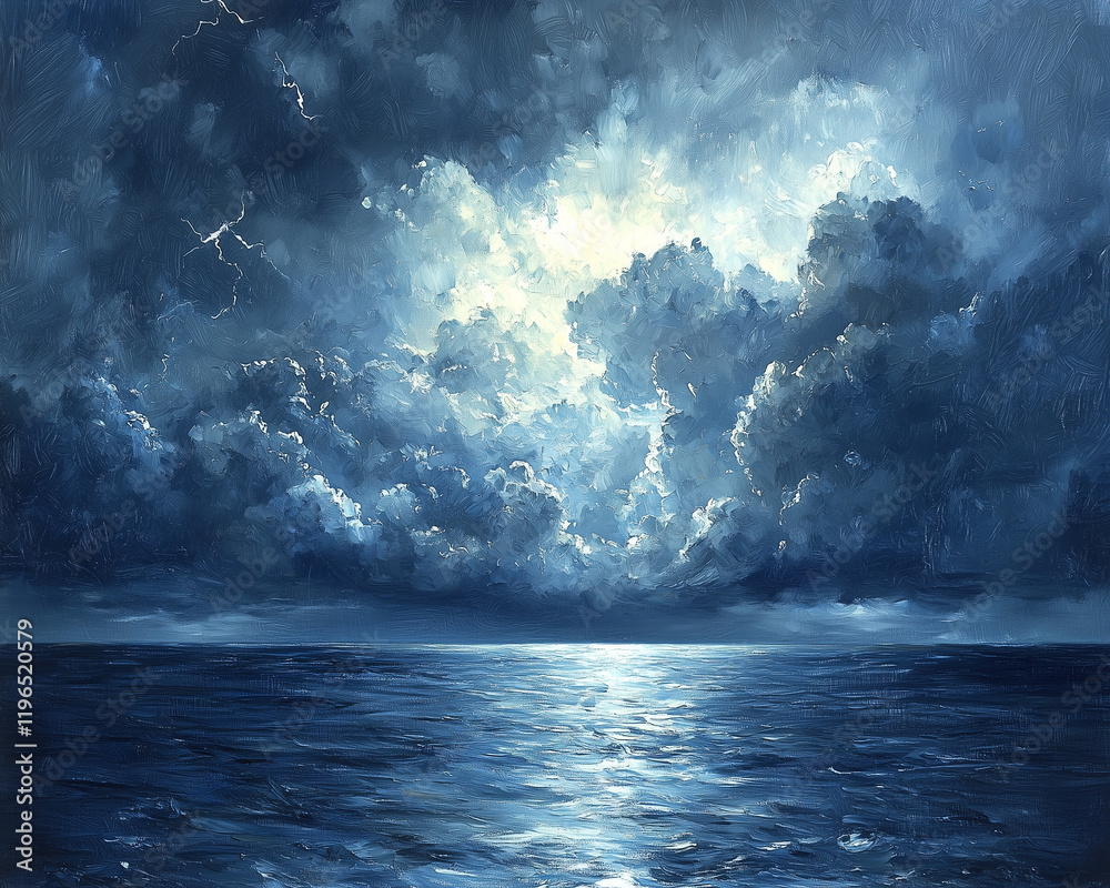 Fototapeta premium moonlit storm at sea with powerful lightning illuminating dense cloud cover