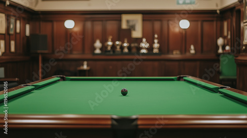 The Green Table: A classic wooden pool table sits invitingly in a  room, with a lone black ball poised on the green felt, hinting at  past games and future challenges.