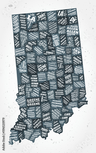 Indiana counties word clouds. State shape on textured background. Indiana design in typographic style. Artistic vector illustration.