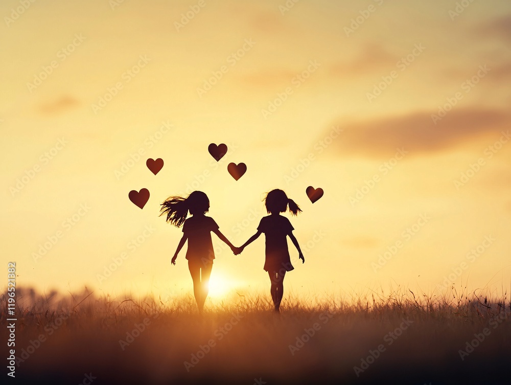 A couple holding hands, their silhouettes framed by a warm sunset glow, ideal for a Valentine's Day theme A couple holding hands, their silhouettes framed by a warm sunset glow, ideal for a Valentine's Day theme