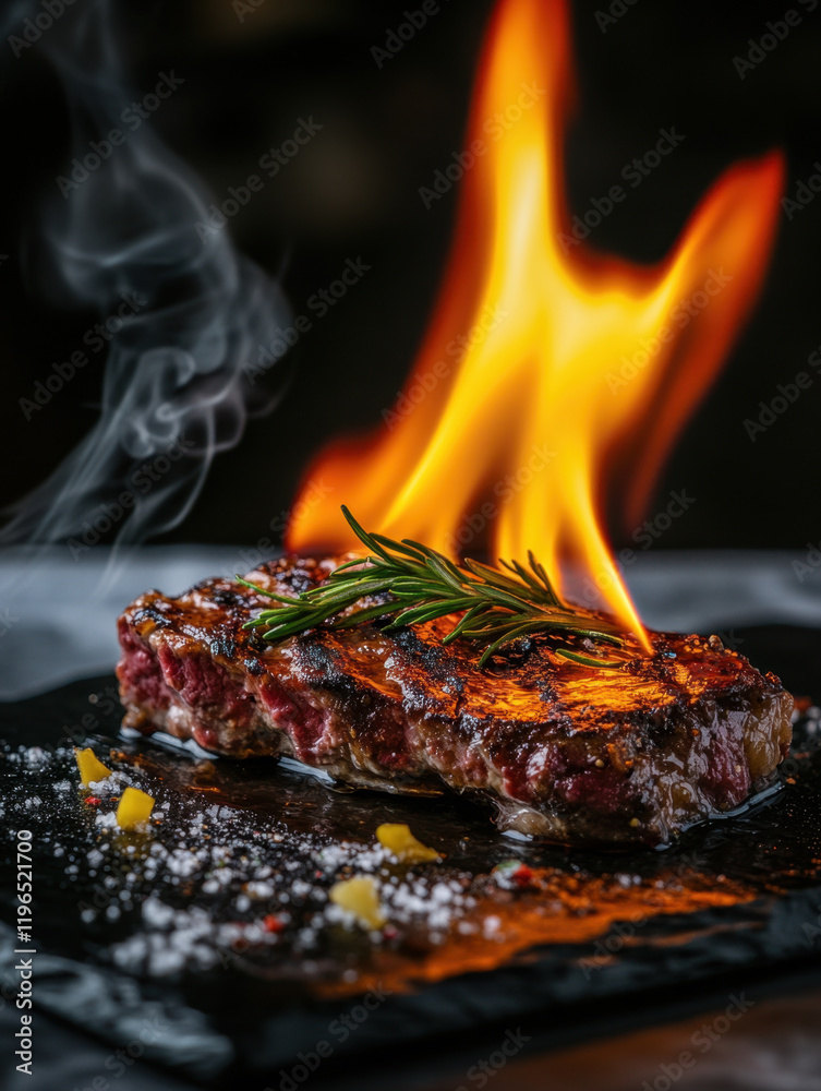 Steak pork with flame on top served on black stone plate on restaurant setting background Steak pork with flame on top served on black stone plate on restaurant setting background