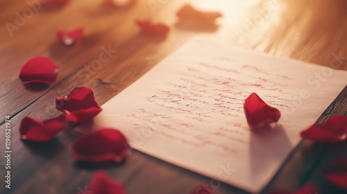 Obraz na płótnie Handwritten love letter on wooden table with surrounding rose petals, symbolizin