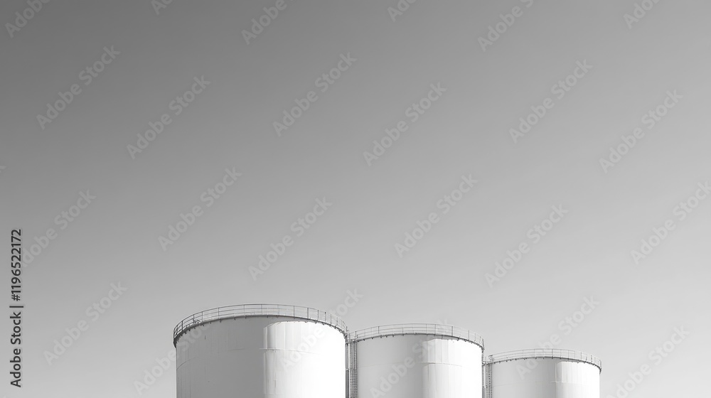 White storage tanks at an industrial oil depot under a clear sky. White storage tanks at an industrial oil depot under a clear sky.