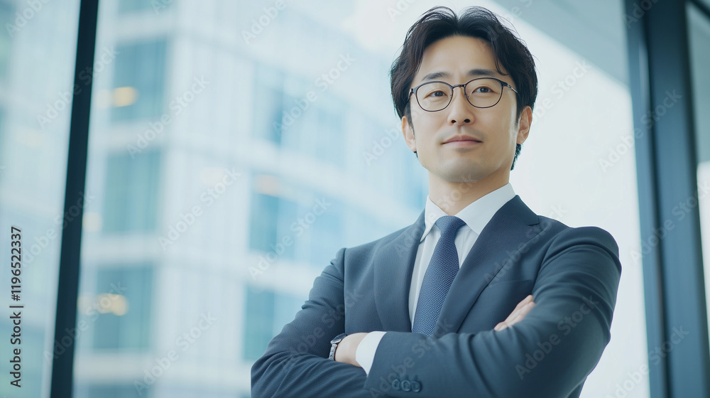 Confident Businessman: A portrait of a Asian businessman in a sharp suit with crossed arms. He wears glasses and gazes confidently toward the camera, showcasing professionalism and leadership. Confident Businessman: A portrait of a Asian businessman in a sharp suit with crossed arms. He wears glasses and gazes confidently toward the camera, showcasing professionalism and leadership.