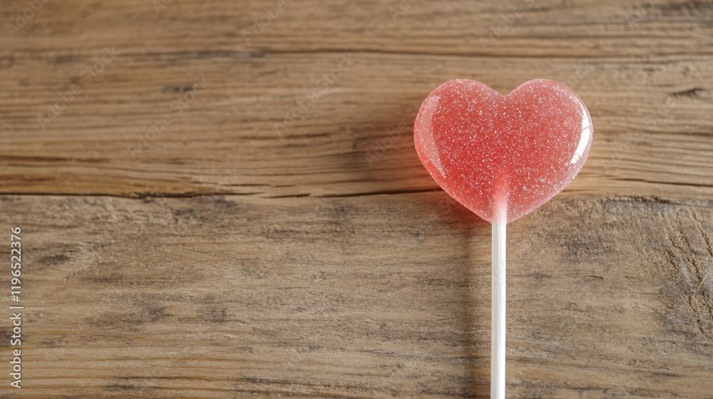 Fototapeta premium Heart shaped lollipop with edible glitter on wooden surface for sweet celebrations
