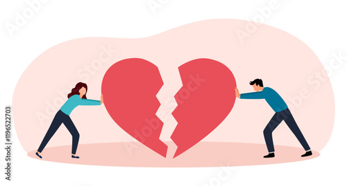 Happy Couple connecting torn hearts, after reconciliation. Man and woman with broken heart symbolizing of the relationship.