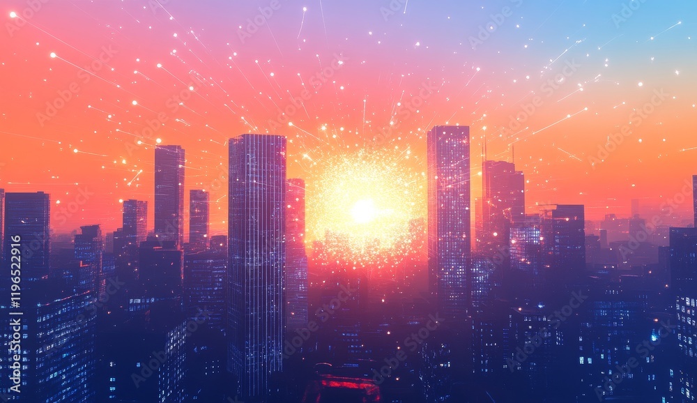 Sunrise over city skyline with network connections. Sunrise over city skyline with network connections.