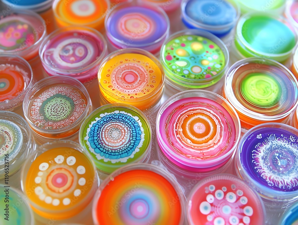 Rainbow bacterial colonies in petri dish, concentric growth patterns, laboratory setting Rainbow bacterial colonies in petri dish, concentric growth patterns, laboratory setting