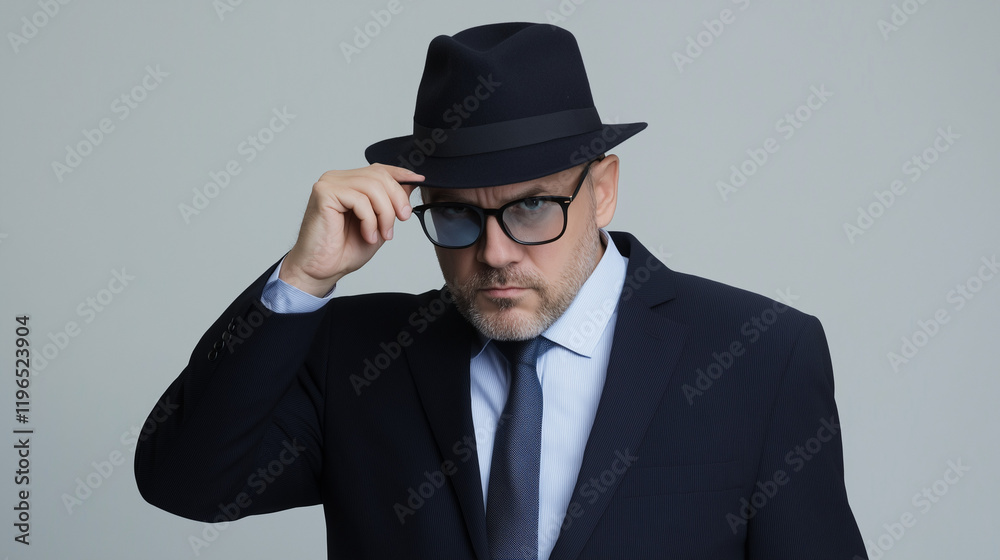 The Mysterious Man in the Fedora: A portrait of a sophisticated, mature gentleman in a sharp black suit, fedora, and glasses, his gaze captivating and enigmatic. The Mysterious Man in the Fedora: A portrait of a sophisticated, mature gentleman in a sharp black suit, fedora, and glasses, his gaze captivating and enigmatic.