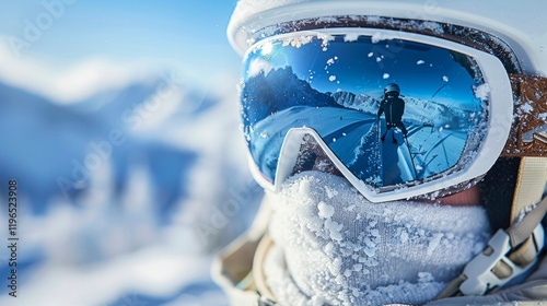 Close up of snow-covered ski goggles reflecting a snowy mountain scene. AI generative. .