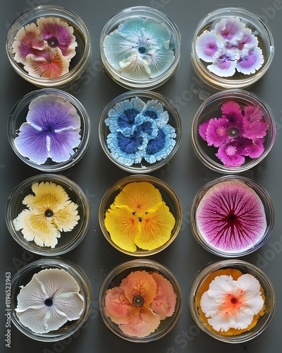 Colorful fungal growth patterns in petri dish, overhead view, microscopic detail, sterile lab environment photo