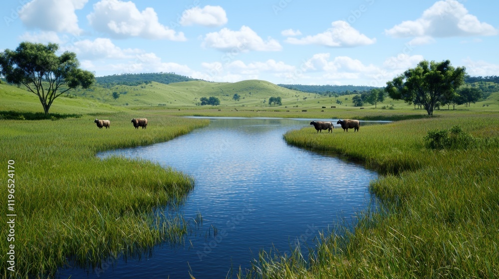 Fototapeta premium Cattle Grazing by the River