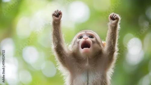 Fototapeta Tiny Monkey's Triumphant Roar: A playful baby monkey throws its arms in the air and lets out a joyous roar, its fur shining in the dappled sunlight.