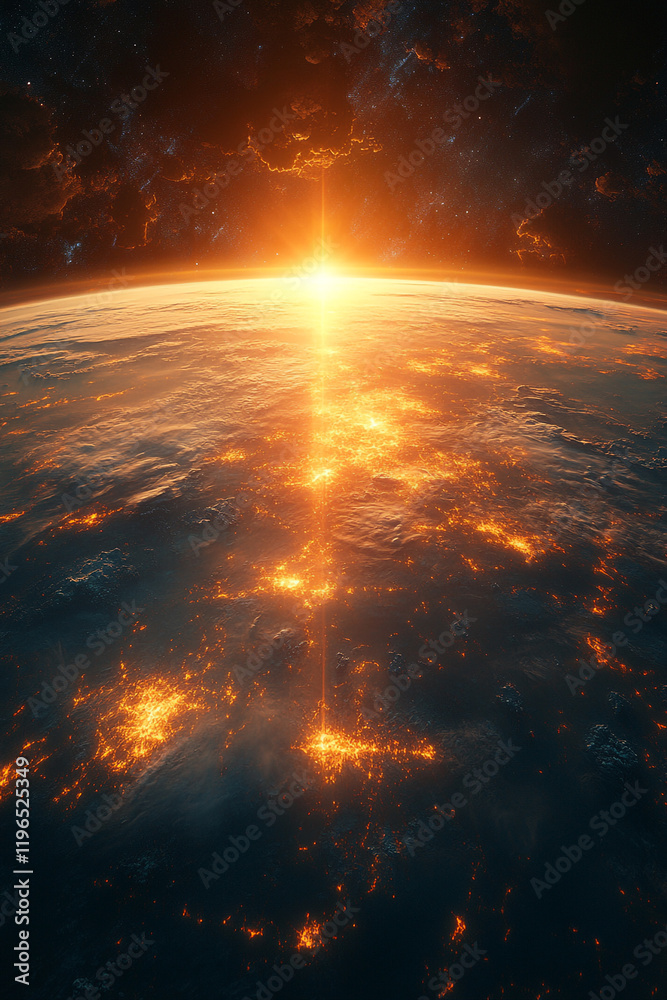 Planetary Sunrise Illuminating City Lights Below