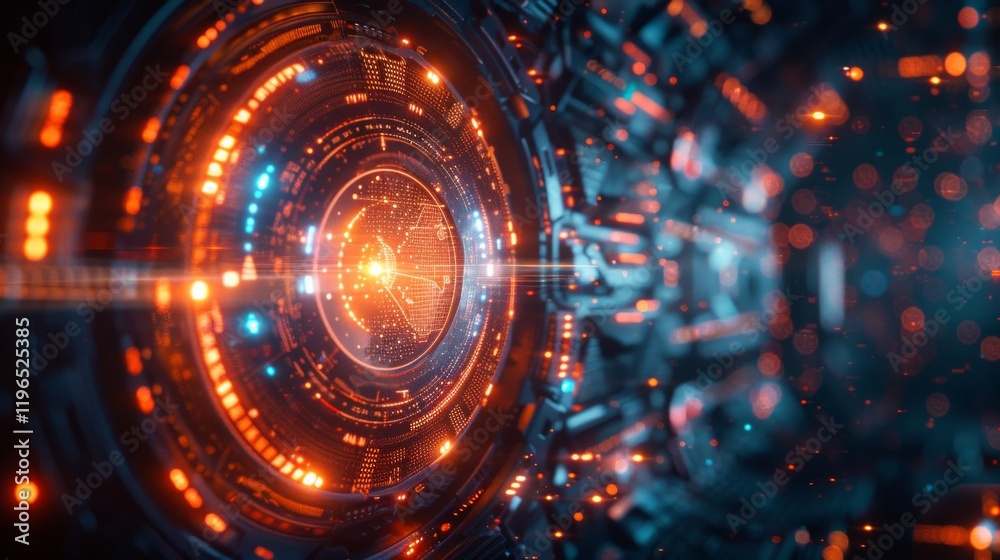 A circular tunnel with glowing orange and blue lights and a digital grid in the center. AI generative. . A circular tunnel with glowing orange and blue lights and a digital grid in the center. AI generative. .