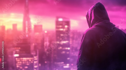 Contemplative urban scene with hooded figure under vibrant cityscape photo