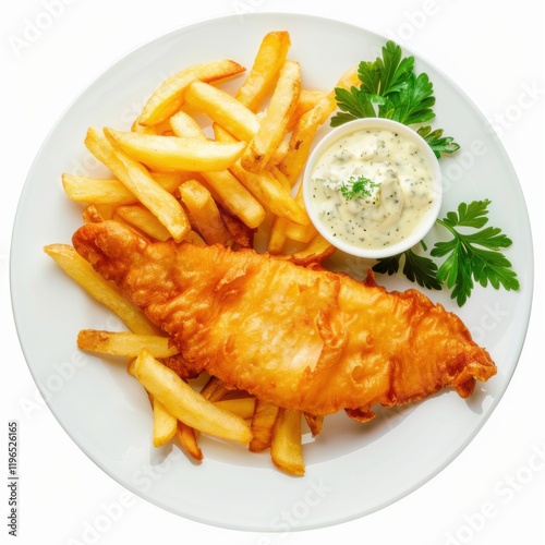 A plate of fish and chips with tartar sauce, isolated white background, detailed art style