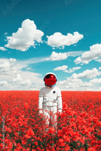 Astronaut standing in a vibrant red field under a blue sky with fluffy clouds, symbolizing exploration, imagination and natures beauty in a surreal landscape.