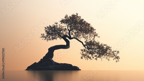 Fototapeta Naklejka Na Ścianę i Meble -  Solitary Bonsai Tree at Sunset: A Serene Landscape
