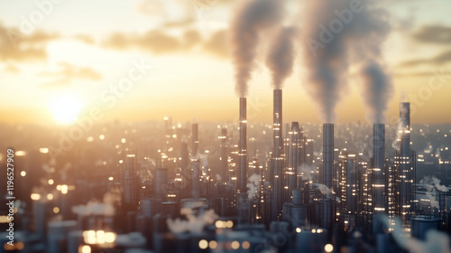 Wallpaper Mural Industrial Sunset: A captivating cityscape silhouette is punctuated by tall smokestacks emitting plumes of pollution, casting an ominous shadow on the vibrant sunset behind them. Torontodigital.ca