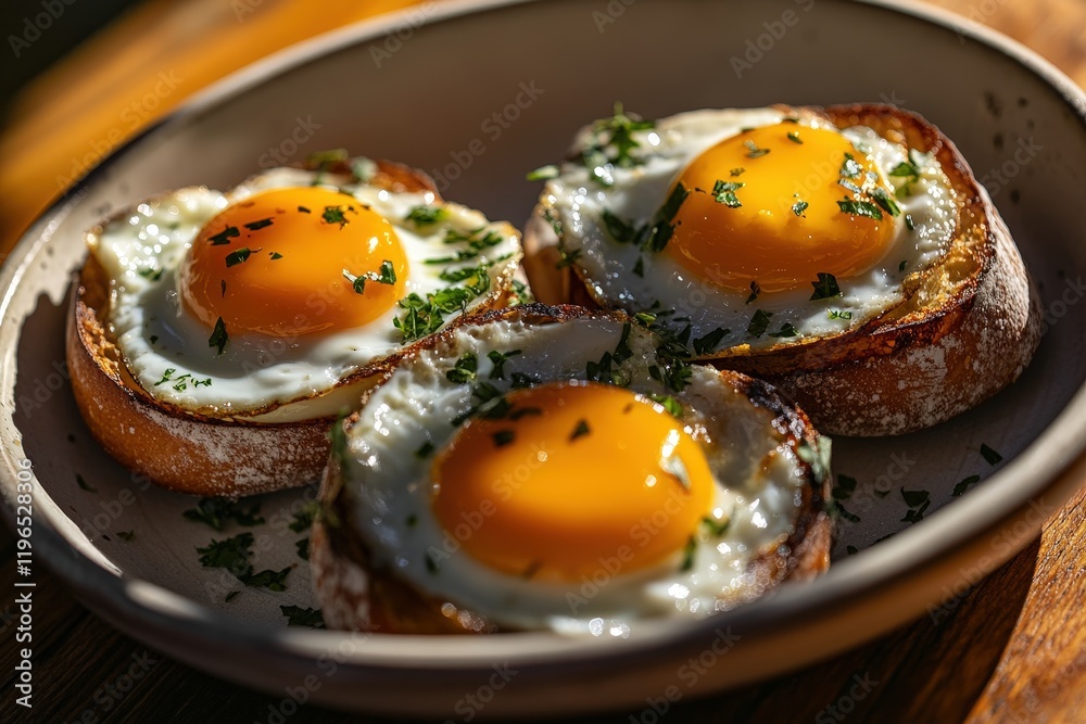 Breakfast dish featuring baked eggs nestled in toasted bread, garnished with fresh herbs, ideal for brunch menus or culinary photography. Rustic and appetizing presentation. Breakfast dish featuring baked eggs nestled in toasted bread, garnished with fresh herbs, ideal for brunch menus or culinary photography. Rustic and appetizing presentation.