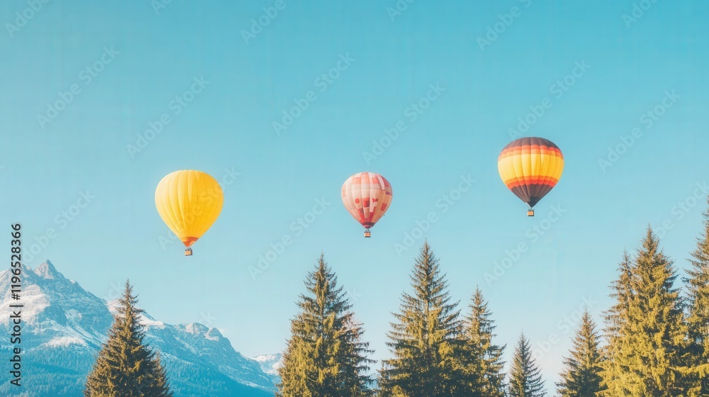 Obraz premium Colorful hot air balloons soaring over scenic mountain landscape