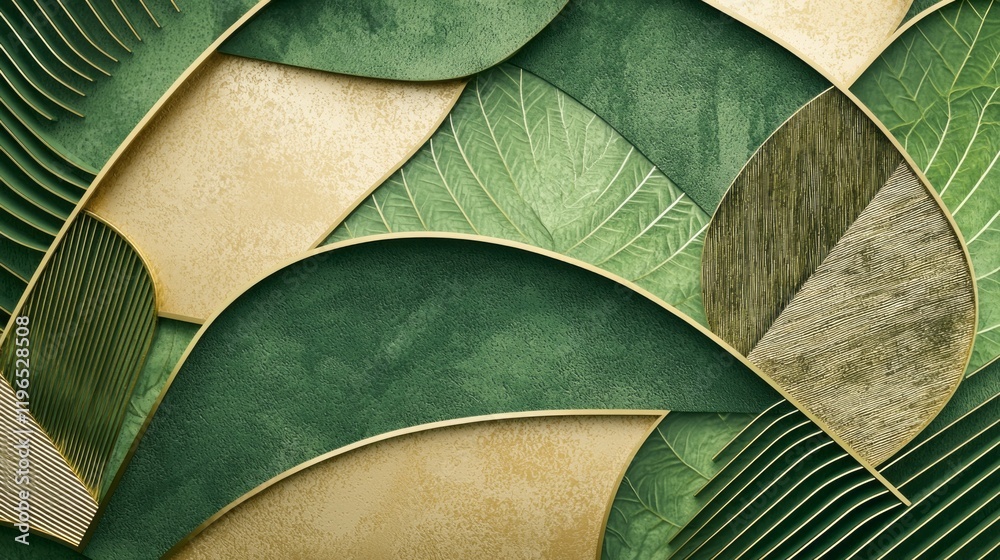 Obraz premium Vibrant geometric patterns intertwine in a dance of greens and golds, showcasing depth and texture through layered shapes. This masterpiece evokes a sense of harmony and creativity