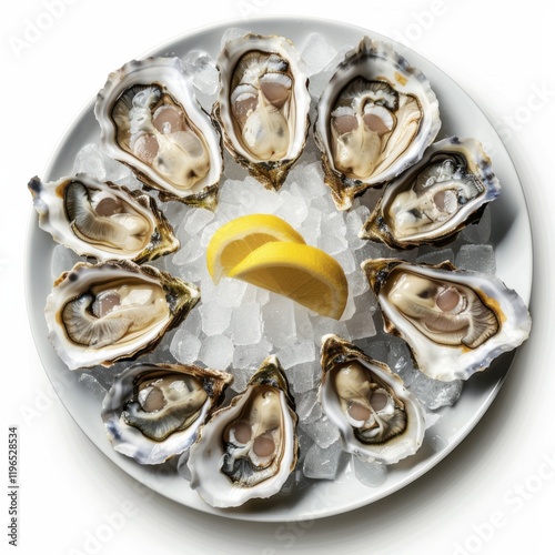 A plate of freshly shucked oysters on ice, isolated white background, realistic art style photo