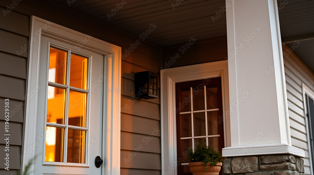 Fototapeta premium Evening Sunset Illuminates Cozy House Exterior, Warm Light Through the Window, Inviting Front Porch and Entrance. Captivating Home Design and Architecture