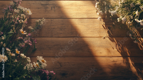 Beautiful wooden table with sunlit market flowers in bloom AI generative.. photo