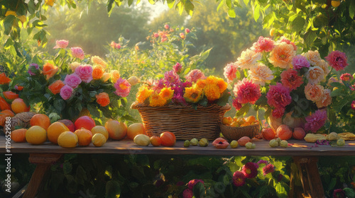 Rustic display of colorful flowers under sunlight on table AI generative.. photo