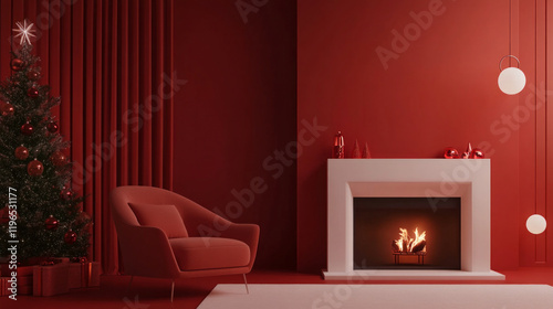 Merry Christmas postcard mockup featuring armchair and red decor AI generative.. photo