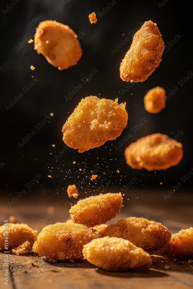 Chicken nuggets falling in air over wooden surface with crispy texture, fast food favorite, perfect for snack time or party platter, delicious comfort food.