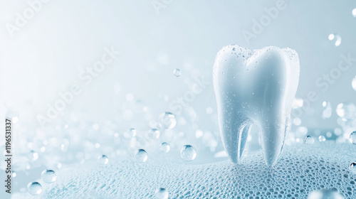 White healthy tooth on alight blue background with transparent water bubbles, dentist day. Symbol of oral hygiene and dental health