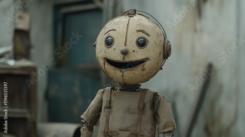 Rusty Robot's Smile: A close-up shot of a charming, rusty robot with a cheerful, almost naive expression. Its weathered metal face and simple design evoke a sense of wonder and nostalgia.  photo