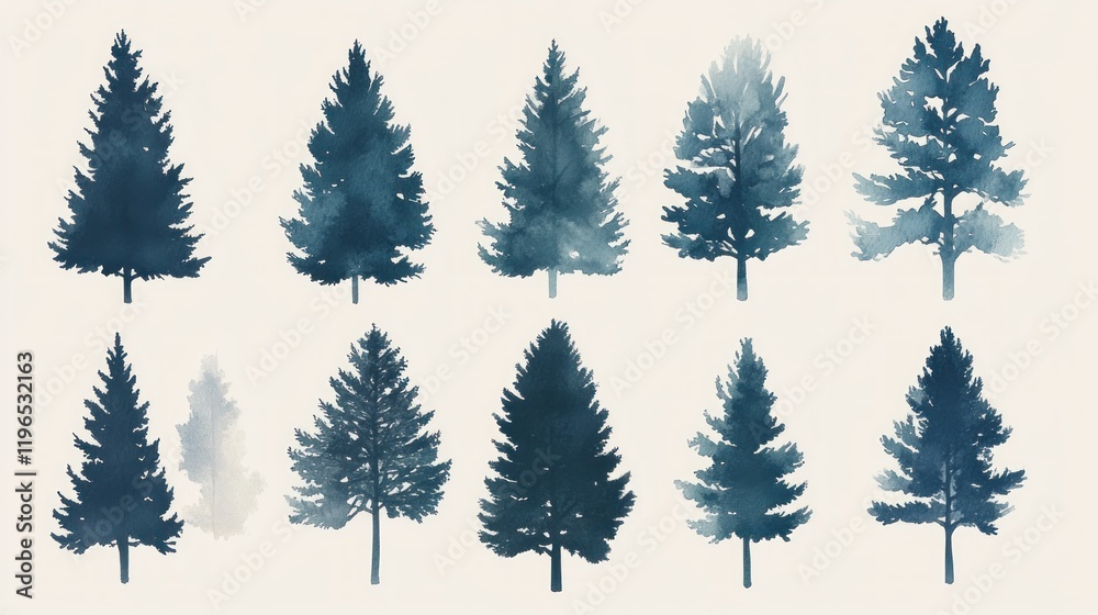 Obraz premium Watercolor-style illustrations of twelve evergreen trees in varying shades of blue and gray, isolated on a beige background.