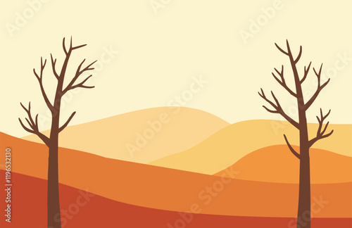 vector flat design illustration of a garden with trees with fallen leaves in autumn