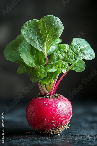 A Single Fresh Red Radish with Green Leaves photo