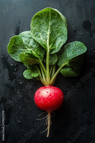 A single fresh red radish with green leaves